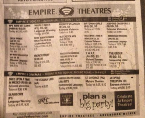 In 90s Newfoundland, you could check the paper or call in to get movie listings. Empire Theatres has a website, but the paper was still common to use.
